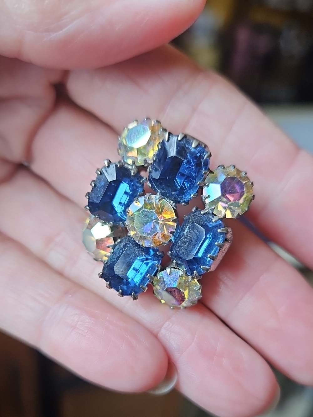 Vintage AB and Dark Blue Sapphire Rhinestone Sliver Tone Brooch Gorgeous Setting - Picture 7 of 7